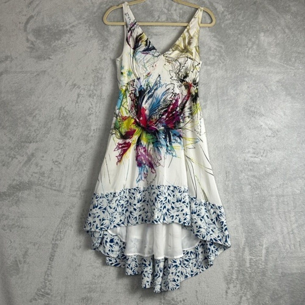 Maeve Anthropologie Silk High-Low Dress Multi-Color Abstract Floral V-Neck 4‎